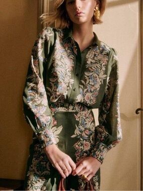 Sézane Claudio Long Sleeve Shirt Green Floral Print Blouse Size FR 38 / US 6